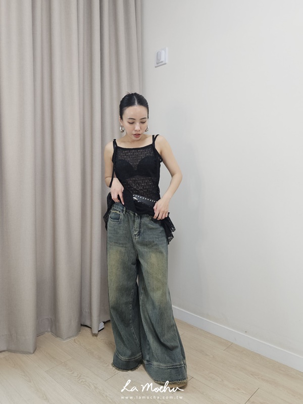 口袋毛邊洗色牛仔褲